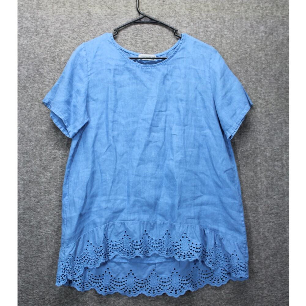 Light Blue Eyelet Hem Linen Blend Blouse